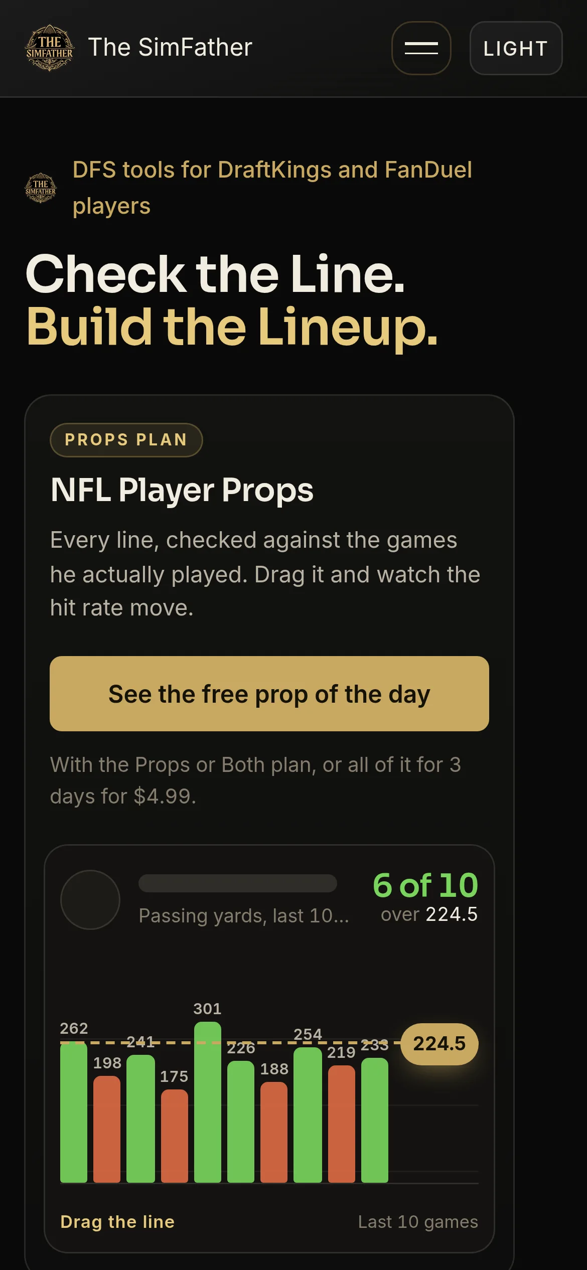 The SimFather on a phone: NFL player props checked against the games a player actually played
