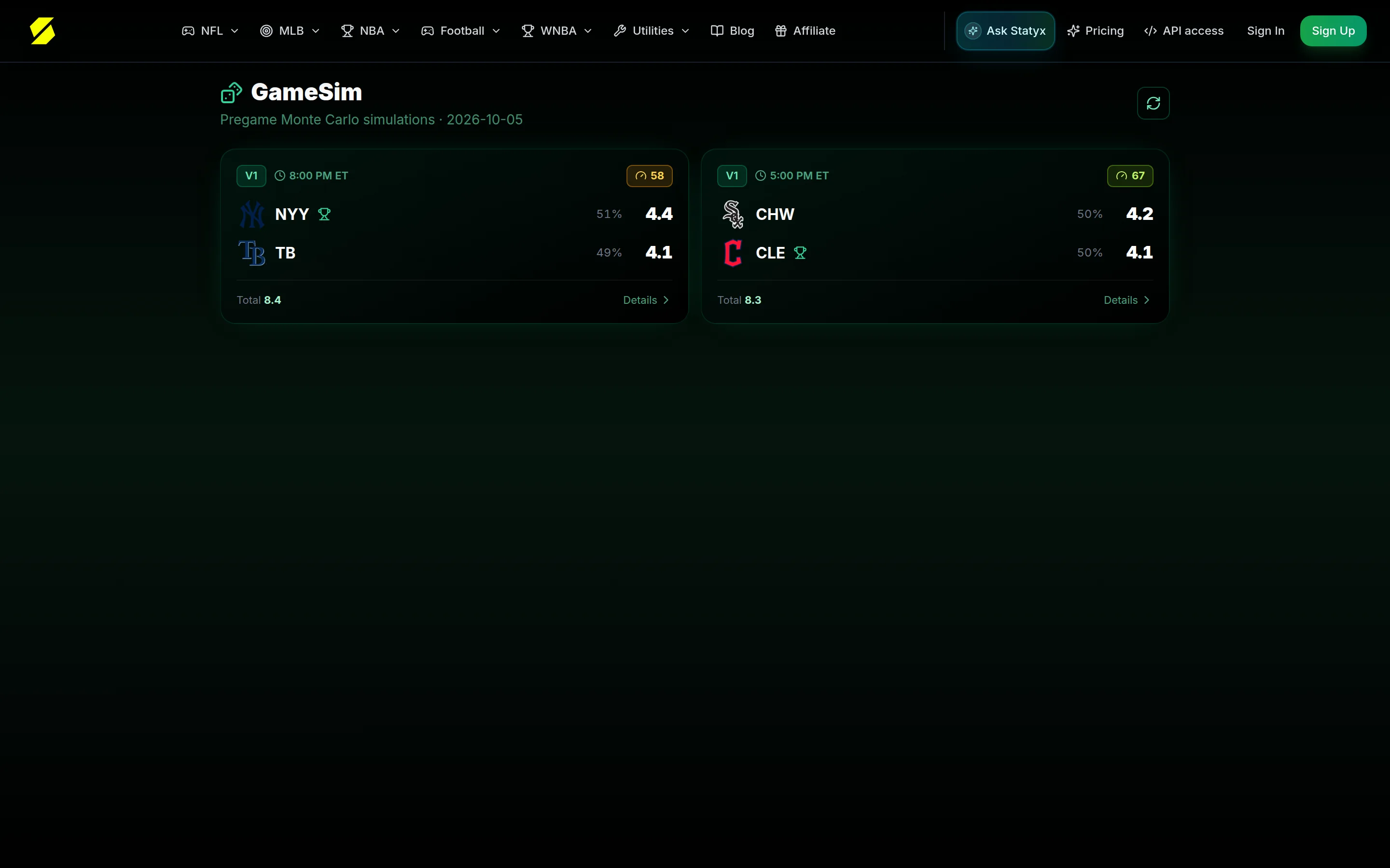 Statyx GameSim: pregame Monte Carlo simulations for upcoming games